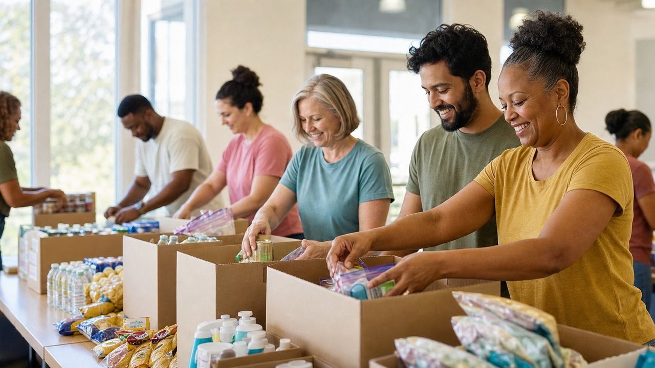 Volunteers packing community resource and emergency supply kits together.